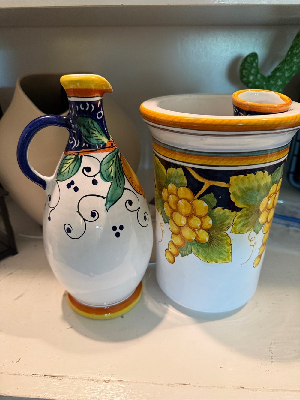 Hand-Painted Ceramic Olive Oil Cruet and Utensil Holder - Yellow Grape Motif